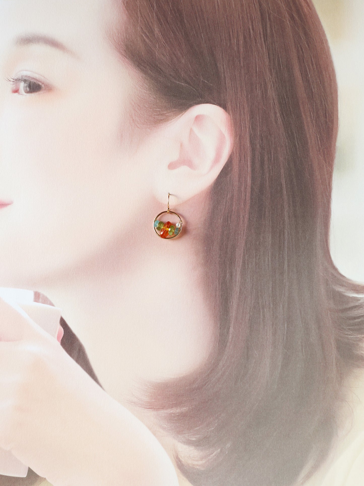 ◆ItoMe Stone◆サークルピアス*アンバー,ペリドット,あこや真珠 PN:IPS-146