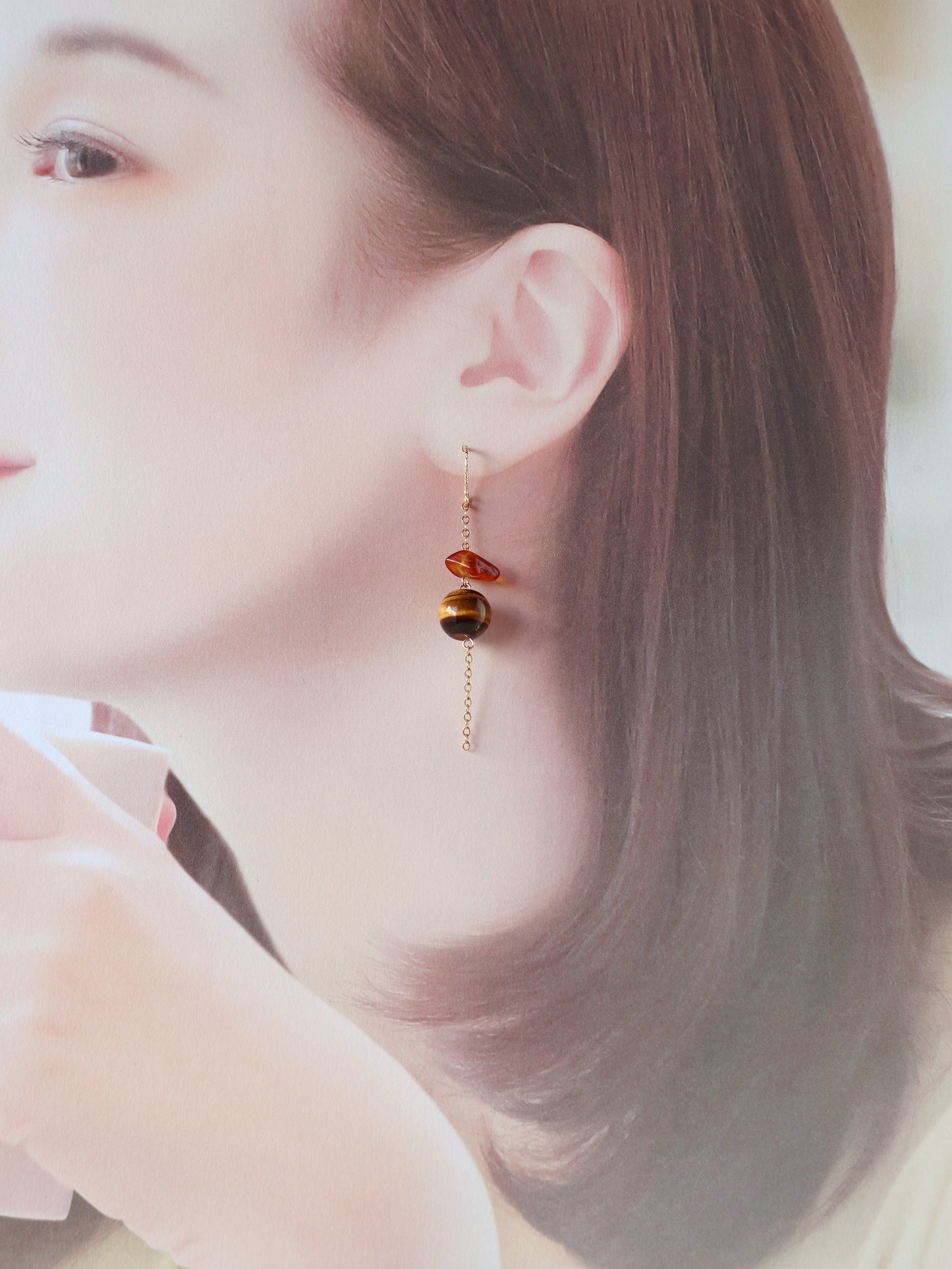 ◆ItoMe Stone◆ピアス*タイガーアイ、アンバー,14KGFチェーン,PN:IPS-141