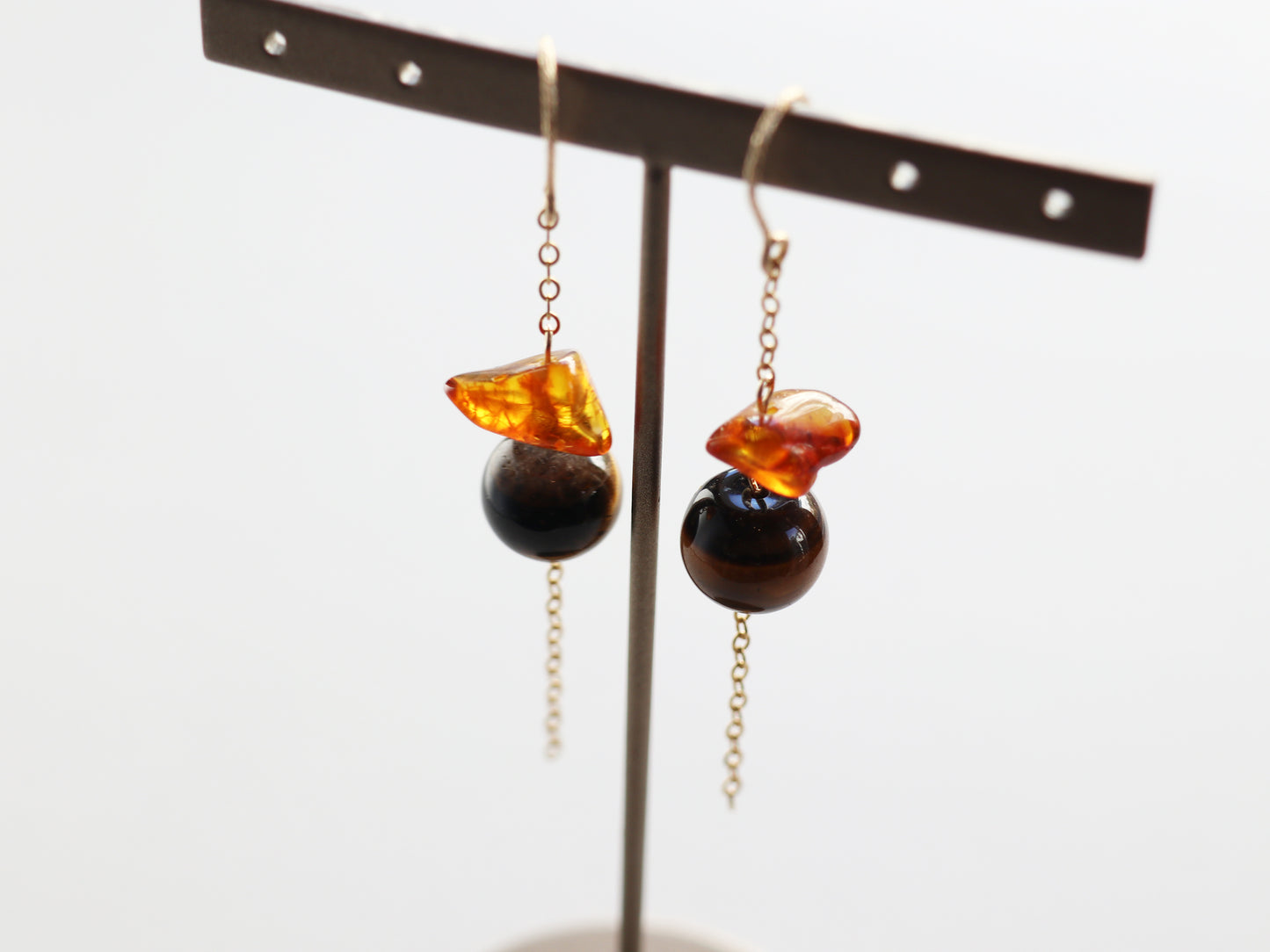 ◆ItoMe Stone◆ピアス*タイガーアイ、アンバー,14KGFチェーン,PN:IPS-141